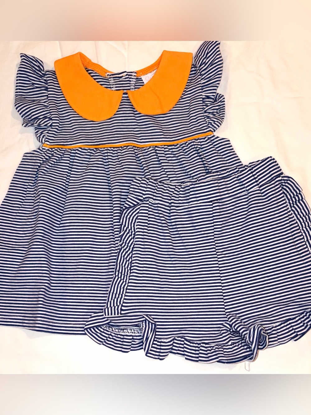 Stitchy Fish Pippa navy stripe top & ruffle short set sz 3T NWT